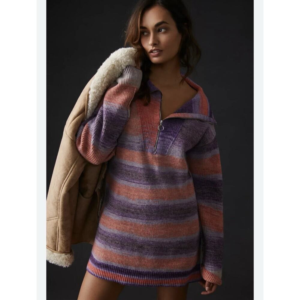 Daily Practice Anthropologie Tunic Sweater Size XS Purple Pink Stripe Soft Cozy